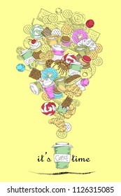 Coffee time card with cakes, donuts and candy on a yellw background. Hand drawn grahic.