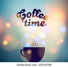 coffee time card with a cup of tea on a background of city dawn written on glass
