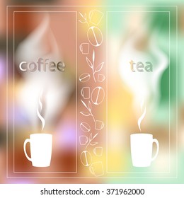 coffee time card with a cup of tea on a background of city dawn written on glass