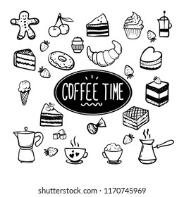 Coffee time card with elements of kitchen. Hand drawn vector illustration. You can use this for cafe, restaurant, bar, poster, banner, emblem, sticker, and other design