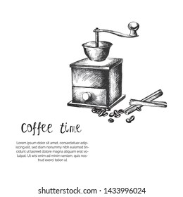 Coffee time card, poster template sketch, vintage elements on white background