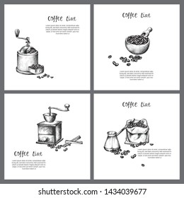 Coffee time cards templates set, vintage sketch elements on white background