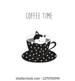 Coffee time with cat in coffee cup vector. Coffee background 