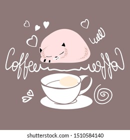 Coffee Time, coffee and cat, design on a pink background, for cafe advertising, in vector