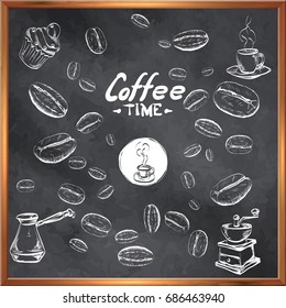 Coffee time chalkboard designs set for cafe or restaurant. Best  concepts collection, hand drawn graphic illustration.