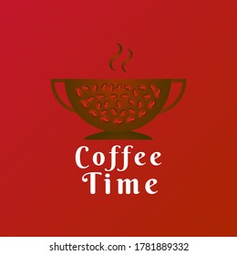 Coffee time in a circle of coffee beans with red background - Vector illustration