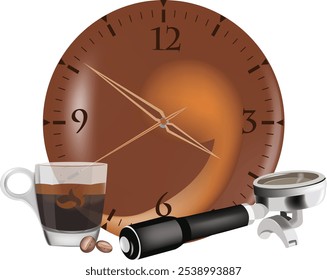 Coffee time, clock, espresso, portafilter and coffee beans suggesting a coffee break