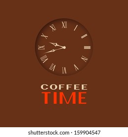 Coffee time. Clock on a brown background. 