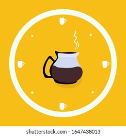 Coffee time, clock with pot and cups, funny print for cafe or office, vector illustration. Pot of hot fresh coffee in simple clock concept, modern poster for kitchen or coffee shop in flat style