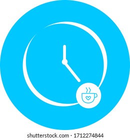 Coffee time, clock, watch in blue circle icon. Concept of UI design elements. Digital countdown app, user interface kit, mobile clock interface. It's time to drink, coffee, break vector sign