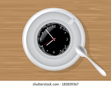 Coffee time, clocks in a cup of coffee, illustration