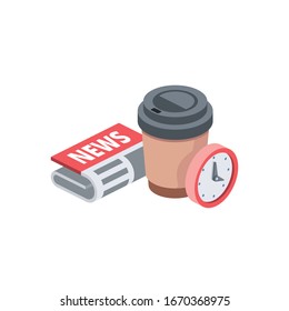 Coffee time clocks and news papper. Vector 3d isometric, color web icon, new flat style. Creative illustration design, graphic idea for infographics.