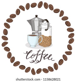 coffee time collection: coffee cup, coffeepot, jar with cookies, geyser coffee maker, coffee bean wreath,  postcard, vector set  isolated elements