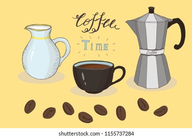 coffee time collection: cup, geyser coffee maker, pitcher, coffee bean, vintage postcard, vector set  isolated elements