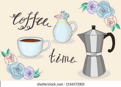 coffee time collection:  cup, geyser coffee maker, pitcher, vintage postcard, vector set  isolated elements