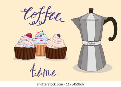 coffee time collection: cupcakes, dessert card, geyser coffee maker,vector set  isolated elements