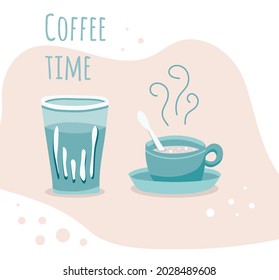 Recogida del tiempo del café con estilo dibujado a mano, taza con bebida caliente, vaso de agua y texto aislado en el fondo para banners, tarjeta, estampado de camisetas. Ilustración vectorial.