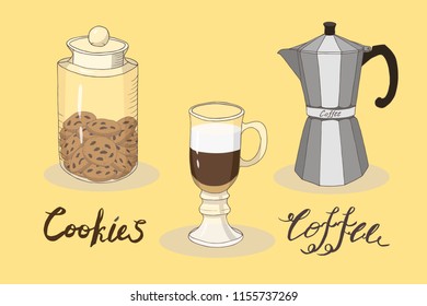 coffee time collection: latte,  jar with cookies, geyser coffee maker, postcard, vector set  isolated elements