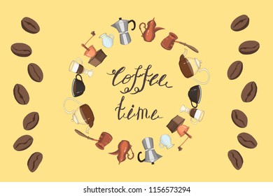 coffee time collection wreath: cup, teapot, cezve, coffee grinder, geyser coffee maker, pitcher, coffee bean, postcard, vector set  isolated elements