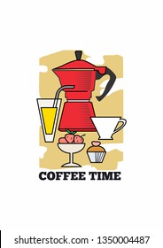 Coffee time colorful decorative composition for cafe and restaurant banner,menu. Coffe pot, juice, cup,cake,strawberry and typography.