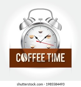 Coffee Time concept. Alarm clock with a brown information banner.