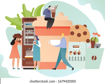 Kaffeezeitkonzept für Café oder Bäckerei, winzige Menschen Cartoon Figuren in flachem Stil, Vektorillustration Illustration. Männer und Frauen genießen eine Tasse heißen Kaffee, KeksNachtisch im Bakeshop, moderne Cafe-Banner