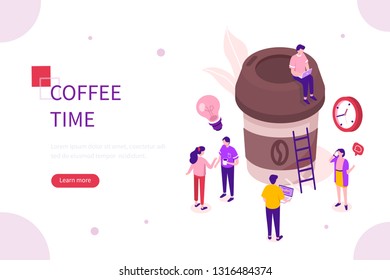 
Coffee time concept. Can use for web banner, infographics, hero images. Flat isometric vector illustration isolated on white background.