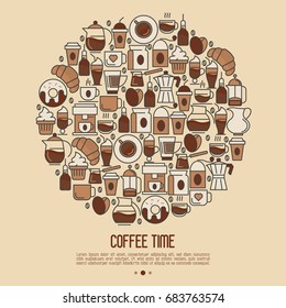 Coffee time concept in circle with thin line icons of equipment for cooking, coffee beans, croissants, cakes for shop, cafe, menu or web site. Vector illustration.