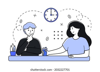 Kaffeezeitkonzept. Ein paar trinken Kaffee und reden. Kaffeepause im Büro. Vektorgrafik-Konzept