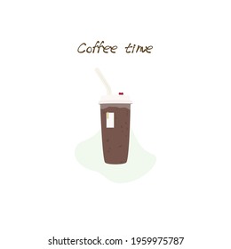 Coffee time concept. Cup of dark chocolate. Cafe menu icon. Iced mocha. Hand draw Vector illustration.