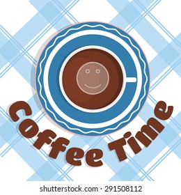 Coffee time concept. A cup of coffee on the tablecloth - the top view.