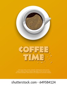 Coffee time. Concept design a cup of coffee and an inscription in the form of a cookie on a yellow background.