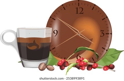 Coffee time concept featuring espresso, coffee beans, leaves, and a clock, suggesting the perfect moment for a caffeine boost