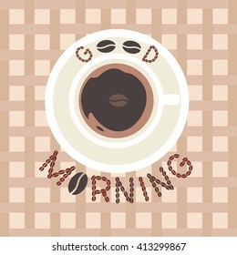 Coffee time concept. Good morning hot drink Concept.  Coffee Cup with espresso or cappuccino. Beans isolated. Morning Cup. Coffee bean. Morning beverage. Vintage decoration. Vector illustration