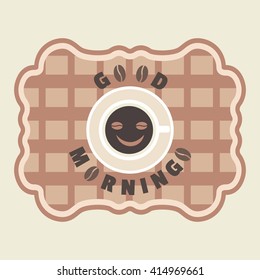 Coffee time concept. Good morning hot drink Concept.  Coffee Cup with espresso or cappuccino. Beans isolated. Grunge Background, vintage decoration. Decaffeinated hot drink cup. Vector illustration