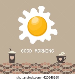 Coffee time concept. Good morning concept. Fried egg, coffee cup, coffee bean. Beans isolated. Espresso, cappuccino cup. Morning Decaffeinated hot drink. Hot beverage. Egg isolated.Vector illustration