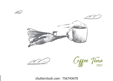 Coffee time concept. Hand drawn superhero with cup of coffee in hand. Flying man holds cup with hot drink isolated vector illustration.