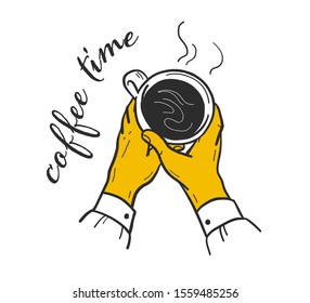 Coffee time concept with human hands holding cup with hot fragrant coffee and text isolated on white background. Top view. Hand drawn sketch style. For banner, logo, menu design.Vector illustration.