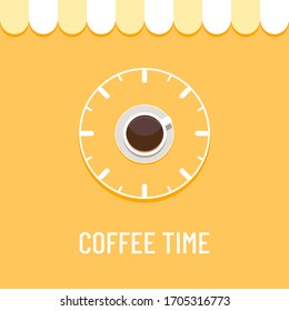 Coffee time concept illustration. Coffee clock in vector. Drink coffee in the morning. Coffee cup logo. Energy boost drink in the morning.