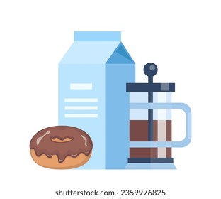 Coffee time concept illustration. Early breakfast with coffee and chocolate donut. Coffee, donut, milk. Vector illustration