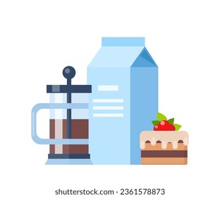 Coffee time concept illustration. Early breakfast with coffee and cake. Coffee, cake, milk. Vector illustration