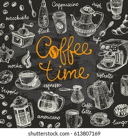 Coffee time concept. Lettering card. Hand drawn vector illustration on the chalkboard. Maker, cup, pot, mug, donut, croissant, grinder, mill. Can be used for menu, bar, shop, cafe, restaurant, placard