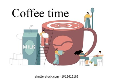 Coffee time concept. Little people make and drink coffee. Lunch. Break. Vector illustration