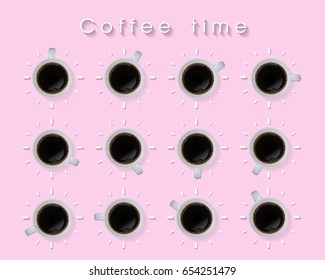 coffee time concept on one day in twenty-four hours on black coffee cup isolated on pink background, vector illustration.