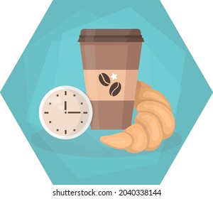 Coffee time concept poster. Cup of coffee with a croissant.