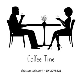 Concepto de tiempo del café. Hay siluetas de hombre y mujer durante la hora del café. Un joven y una joven están sentados en una mesa y tomando café. Ilustración vectorial en tonos blanco y negro