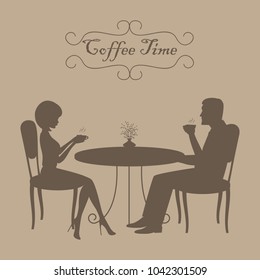Coffee time concept. There are silhouettes of man and woman during coffee time in the picture. A young man and a young woman are sitting at a table and drinking coffee. Vector image in brown color
