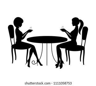 Coffee time concept. There are silhouettes of two women during coffee time. A young women are sitting at a table and drinking coffee. Vector illustration in black-and-white tones