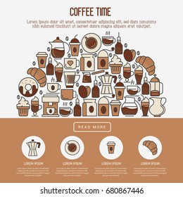 Coffee time concept with thin line icons of equipment for cooking, coffee beans, croissants, cakes for shop, cafe, menu or web site. Vector illustration.