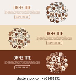 Coffee time concept with thin line icons of equipment for cooking, coffee beans, croissants, cakes for shop, cafe, menu or web site. Vector illustration.